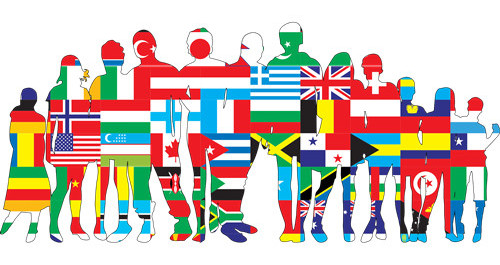 Menschen in der Siluette dargestellt mit Flaggen der Nationen