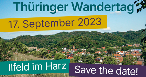 Postkarte mit Bild von Ilfeld und Aufschrift Thüringer Wandertag 2023.